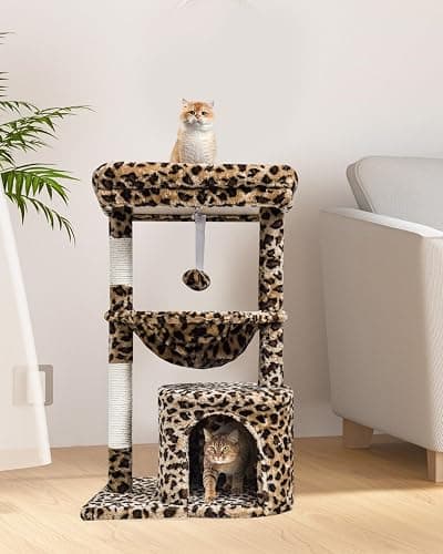 SYANDLVY Small Leopard Print Cat Tree for Indoor Cats, Cat Tower with Scratching Post, Modern Cat House with Padded Perch, Kittens Condo with Cradle, Cat Cave - 29.6" - Leopard Print thumbnail 6