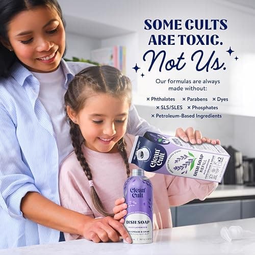 Cleancult Dish Soap Liquid Refills (32oz, 3 Pack) - Plant Based Cleaning Power - Dish Soap that Cuts Grease & Grime - Free of Harsh Chemicals - Uses 90% Less Plastic - Wild Lavender thumbnail 5
