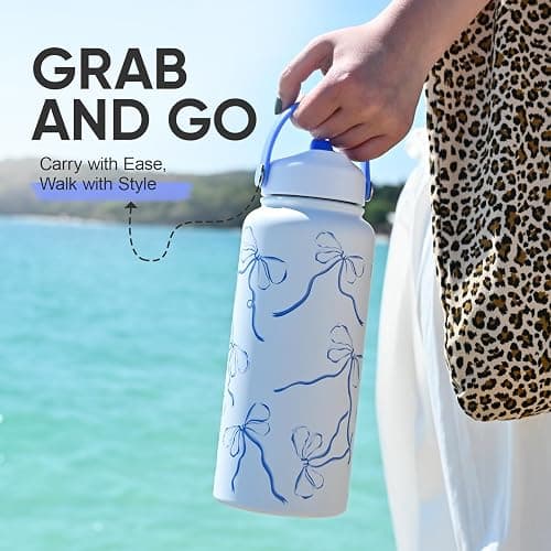 KEWIXY 32 oz Insulated Water Bottle with Straw, Bow Water Bottle Stainless Steel with Flip Straw and Handle, Leak Proof, Metal, Reusable, Wide Mouth, for Travel, Gym and School (Breeze Blue Bow) thumbnail 5