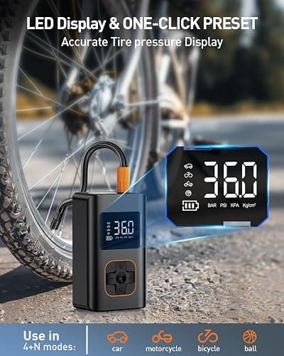 Tire Inflator Portable Air Compressor - 150 PSI Mini Portable Air Pump for Car Tires, Cordless Electric Bike Tire Pump with Digital Pressure Gauge, LED Light for Auto, Car, Motorcycle, Bicycle, Ball thumbnail 8