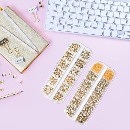 qiipii 4080Pcs Gold Nail Rhinestones, More Quantity 1.5-4mm Mini Flatback K9 Glass Crystal & 3D Multi Shapes Gems, Champagne Gold Gems Round Stones Diamonds jewels Gemstones for Nail Face Eyes Makeup thumbnail 7