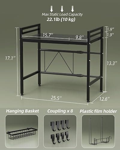 NETEL 2 Tier Expandable Microwave Stand countertop,Microwave Oven Rack | microwave shelf, storage shelf for pans &appliances,with Paper Towel Holder and Baskets，8 Hooks,55lbs max load,Black thumbnail 3