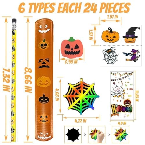 WOONOO 24 Pack Halloween Goodie Bag Stuffers Stationery Set, Assorted Halloween Party Favors for Kids Toys Bulk Non Candy Halloween Treats Pencils, Eraser, Slap Bracelets thumbnail 3