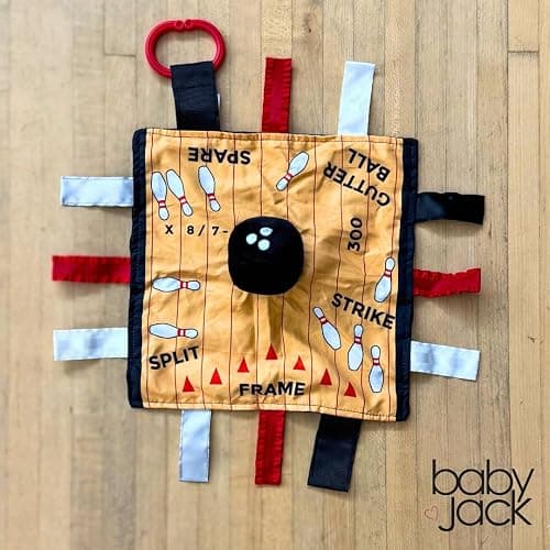 Baby Jack & Co 10x10 Bowling Sports Lovey Sensory Plush Blanket - Tag Toys for Babies - Baby Stroller Toys - Learn Shapes, Letters & Colors - Perfect MVP Baby Toy & Baby Sports Gift w/Stroller Clip thumbnail 2