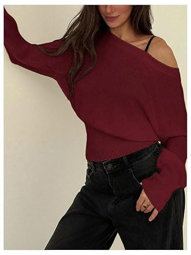 RoseSeek Women's Off The Shoulder Sweater Long Sleeve Knit Pullover Cinched Waist Tops Trendy Fall Outfits thumbnail 4