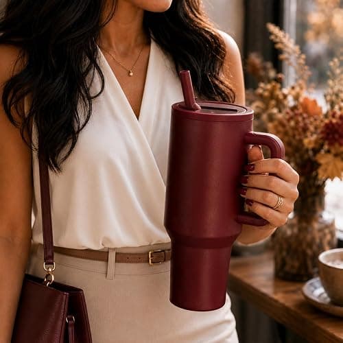40oz Stainless Steel Insulated Tumbler with Handle & Straw Lid, Notable Red | Double-wall vacuum design, leak-proof lid, Keeps drinks cold & hot, perfect for shopping, commuting, fall travel, camping thumbnail 5