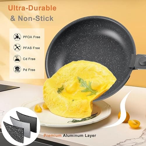 Sweetcrispy 12-Piece Granite Nonstick Pots and Pans Set, Black | Detachable Handle, Stackable, Space-Saving, Dishwasher ＆ Oven Safe, Induction Ready, RV & Condo Kitchen, New Home Cookware thumbnail 5