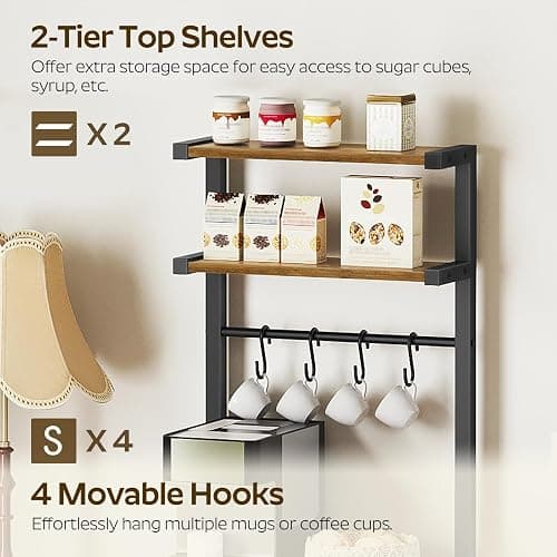 YATINEY Bakers Rack, 5-Tier Coffee Bar Station, Coffee Stand with Pod Drawer Holder, Versatile Kitchen Storage Rack with 4 Hooks, for Living Room, Cafe Corner, Rustic Brown and Black KF01BRY1 thumbnail 6