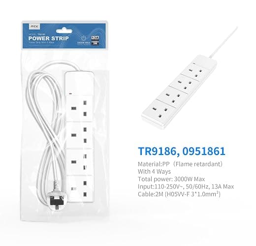 Electric Extension Lead - 4 way 1 Metre lead with UK Plug & 3 Pin Socket - Neon light, Wall Mountable & Multi Socket Mains power Strip for office, bedroom, kitchen thumbnail 2