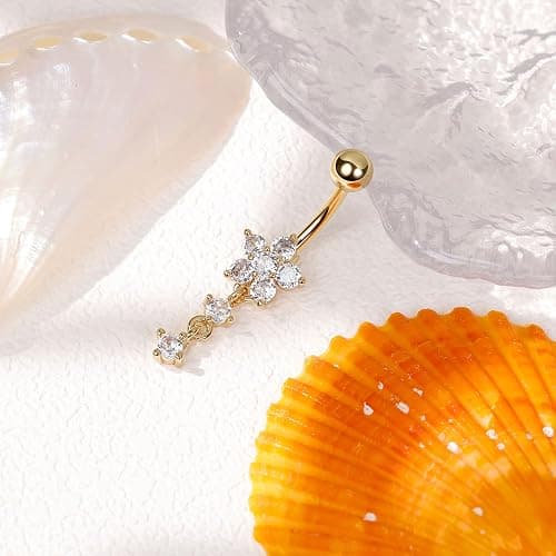 SOMEITIA 14G G23 Titanium Dangle Belly Button Ring for Women Flower CZ Dangling Belly Rings Cute Dainty Dangly Navel Ring Belly Piercing Jewelry thumbnail 2