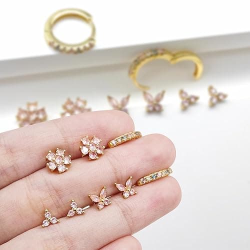 20G Gold Studs Earrings for Women,14K Gold Plated Hypoallergenic Butterfly Earrings for Girls,4 Pairs Flower/Butterfly/Cubic Zirconia Cute Earring and Trendy Huggie Hoop Dainty Multipack Earring Sets thumbnail 6