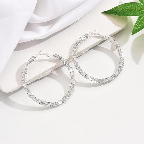 JINGDR Multcolors Cubic Zirconia Hoop Earrings For Women Statement Oval Rhinestone Hoop Earrings 14K Gold Plated Chunky Hoop Earrings Dainty Lightweight Big Earrings Trendy Jewelry (55MM/45MM) thumbnail 3