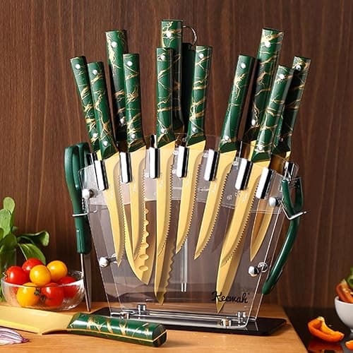 Keewah Knife Set, 16 Piece Kitchen Knives set with Acrylic Stand, Gold thumbnail 7
