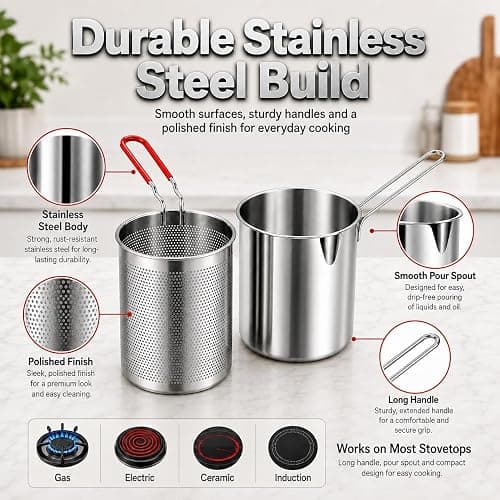 Mini Deep Fryer Pot with Basket, 1.2L Stainless Steel Fryer Set (5Pcs) | Lift-Out Strainer, Pour Spout, Lid, Tongs & Stove Rack for Fries, Chicken, Shrimp & More thumbnail 5