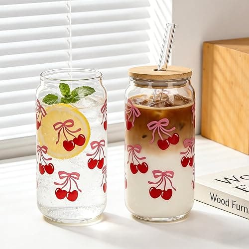 Mason Life Cherries Bows Glass Cups with Lids and Straws, 18OZ Cherry Decor Iced Coffee Cups with Lids, Cute Glass Cups Valentine's Day Gift for Women, Coquette Aesthetic Glass Cups -Set of 2 thumbnail 6