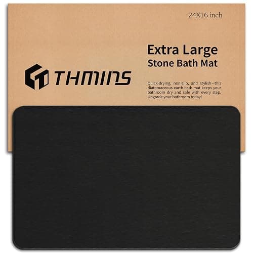THMINS Black Stone Bath Mat, 24''x16'' Stone Shower Mat | Diatomite Stone Bath Mat, Super Absorbent, Quick-Drying, Non-Slip, and Easy to Clean for Bathroom thumbnail 2