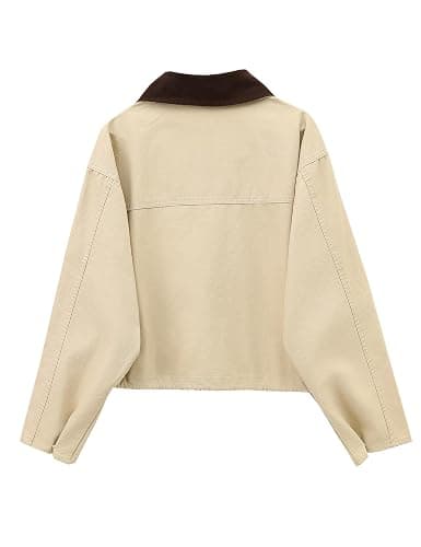 Megfie Womens Cropped Jacket Contrast Collar Utility Coat Cargo Jacket Barn Jacket Outwear with Pockets thumbnail 4