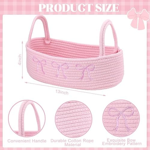 Vesici Pink Bow Woven Storage Basket for Toilet Tank Top Boho Cotton Rope Bathroom Countertop Organizer Basket with Handle Pink Bathroom Decor for Bedroom Nursery Toys Organizing, 13 x 6 x 4 Inch thumbnail 2