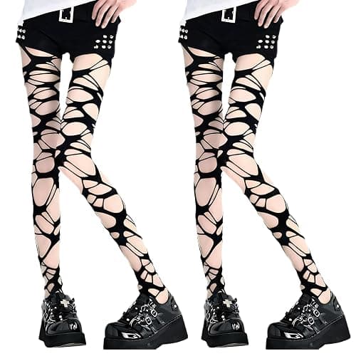 WangVipfei Emo Strumpfhosen Damen, 2 Paar Schwarze Ripped Strumpfhose, Y2K Accessoires für Gothic Punk Style, Grunge Mode für Party und Alltag - Image 1