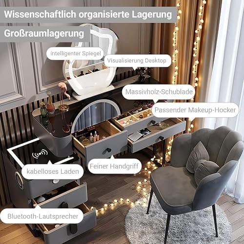 MYDD8 Schminktisch mit Beleuchtung, Schminktisch mit Spiegel, 3 Farben, einstellbare Helligkeit, Frisiertisch mit Kabelloses Aufladen Und Bluetooth-Audio, Kosmetiktisch mit 6 Schubladen, Grau. thumbnail 7