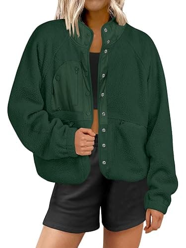 ANRABESS Womens Fuzzy Fleece Jacket Fall Casual Long Sleeve Cropped Sherpa Button Down Shacket Coats Outwear With Pockets - Image 1