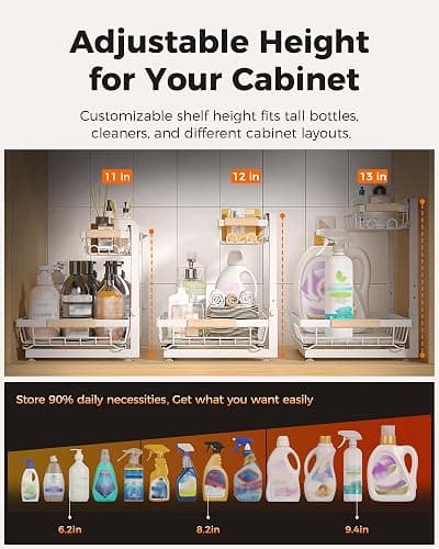 Sevenblue 2-Pack 2-Tier Height Adjustable Under Sink Organizer & Storage | Multi-purpose storage for kitchen & bathroom cabinet. Large white shelf, height adjustable design for space-saving. thumbnail 6