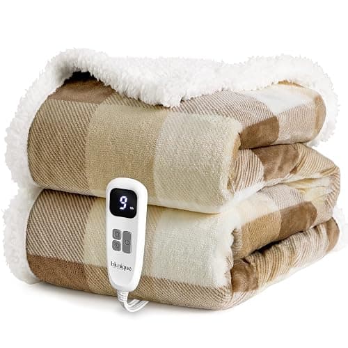 blunique Heated Blanket Electric Throw-50''x60''Ultra Soft Cozy Plaid Flannel Fast Heating Electric Blanket with 10 Heat Levels & 10 Hours Auto Off, ETL Certified, Keep Warm in Couch Bed Office(Khaki) - Image 1
