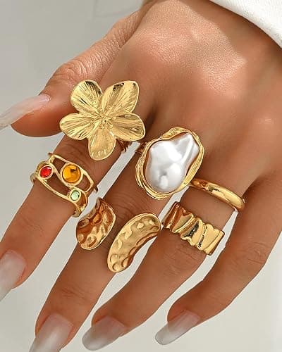 WGCHAIE Goldene Ringe Set, 6 Stück Set Retro Metall Blumen & Kristallringe, Vintage Knöchelringe mit Blumen, Perlen und Kristallen, für Damen Alltagsoutfit, Feiern, Partys thumbnail 2