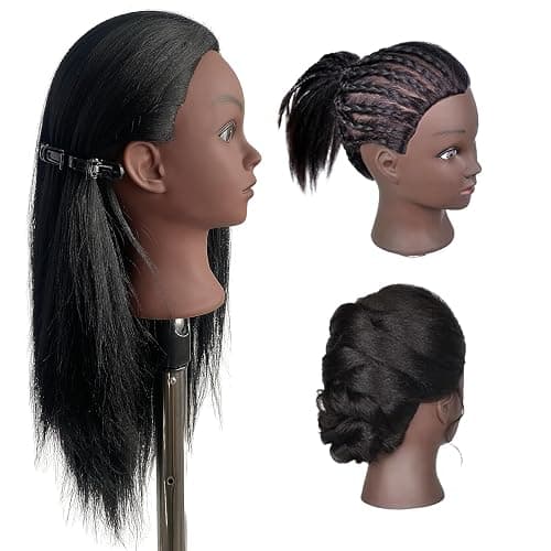 Yiifiulyn Black Mannequin Head with Hair for Braiding, Cosmetology Training Doll Head for Styling Practice - 21 Inches Layered Pre-streched Hair Manneuiqn Head with Stand thumbnail 5