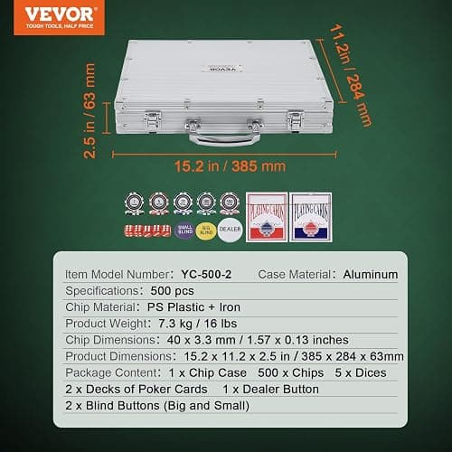 VEVOR Poker Chip Set, 500-Piece Poker Set, Complete Poker Playing Game Set with Aluminum Carrying Case, 11.5 Gram Casino Chips, Cards, Buttons and Dices, for Texas Hold'em, Blackjack, Gambling thumbnail 3