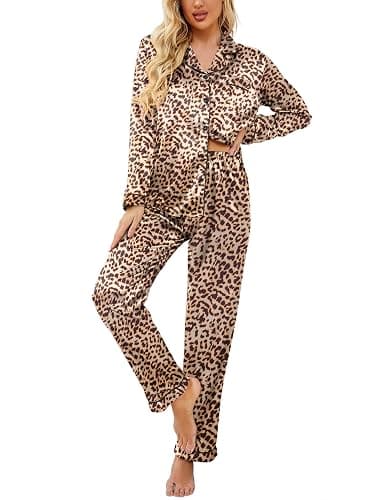 Ekouaer Womens Satin Pajama Set Classic Pattern Silky Pj Sets Button Down Sleepwear Loungewear - Image 1
