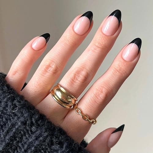 Glamnetic Press On Nails - Caviar | Semi-Transparent, Short Almond Nails, Reusable | 15 Sizes - 30 Nail Kit with Glue - Image 1