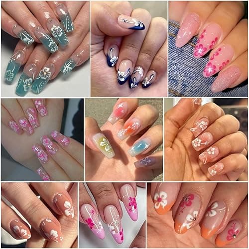 6Sheets Hibiscus Flower Nail Stickers White Pink Nail Decals Elegant Floral Petal Wavy Line Strip Tropical Leaf Designs French Tip Sticker for Women Nail Supplies Spring Nail Decorations Accessories thumbnail 5