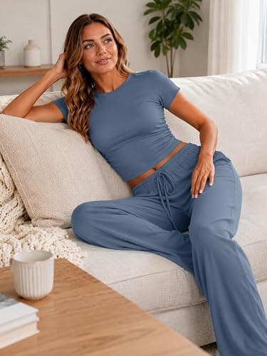 LanGui 2 Piece Sets for Women Summer 2026 Lounge Set Side Ruched Top and Wide Leg Pants for Airport Travel Vacation Outfit thumbnail 9