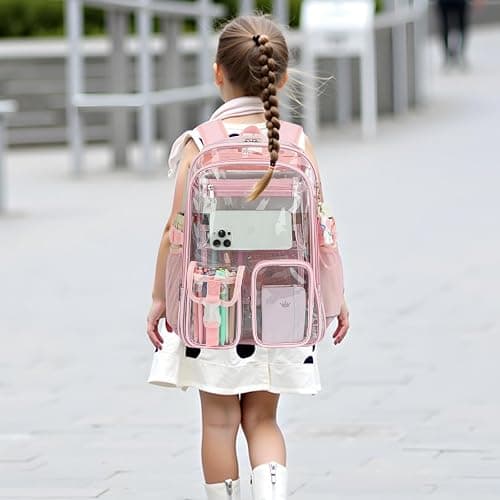 Kouxunt Clear Backpack Heavy Duty Transparent Backpacks Stadium Approved for School Work Sport Travel (Light Pink) thumbnail 2