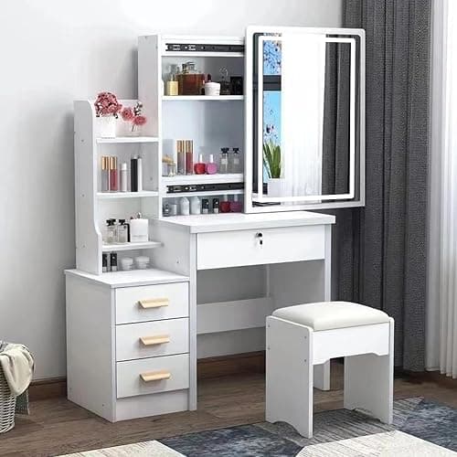 Dressing Table,LED Lights with Adjustable Brightness,Vanity Table with Mirror,4 Drawers,6 Storage Shelves,Makeup Table with Mirror and Stool,Dressing Table with Lighted Mirror,Modern Bedroom Dresser - Image 1