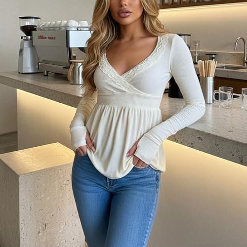 Women Long Sleeve Babydoll Top Lace Trim V Neck Knit Peplum Tops Cute Ruffle Hem Coquette Blouse thumbnail 6