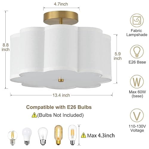 Giutna 13.3"Semi Flush Mount Ceiling Light Fixture, 3-Light Modern Close to Ceiling Light With Fabric Flower-Shaped Shade, Light Fixtures Ceiling Mount for Bedroom Nursery Kids Room Living Room(Gold) thumbnail 2