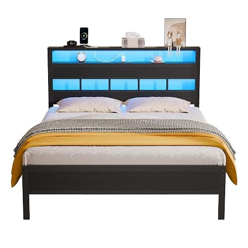 Furnulem Full Size Bed Frame with LED Light and Charging Station, Wood Storage Headboard with 2-Tier Shelves, Metal Platform Bed with Heavy Duty Slats Support, No Box Spring Needed, Black Oak thumbnail 9