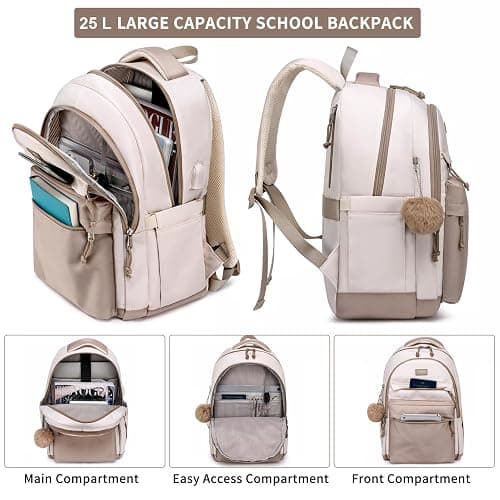 MOMUVO School Backpack Women and Teen Girls,Cute Bookbag Lightweight Laptop Backpack College SchoolBag Students - 15.6 inch - Khaki Beige thumbnail 2