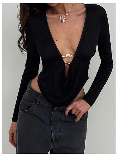 SOLY HUX Women's Deep V Neck T Shirt Long Sleeve Metal Decor Draped Front Ruched Asymmetrical Tops thumbnail 3