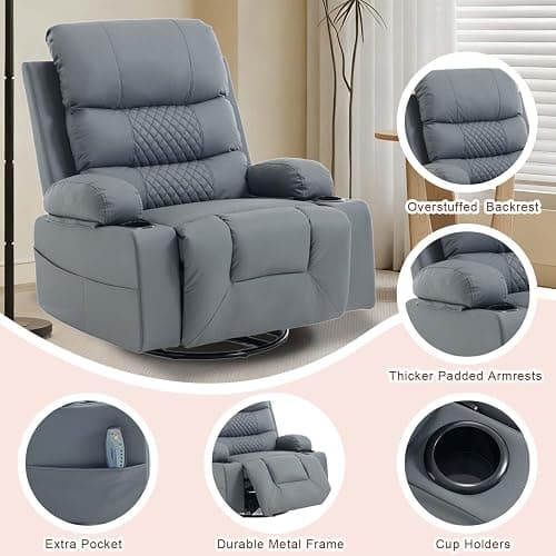 KCQ Swivel Rocker Recliner Chair with Massage and Heat, Oversized Wide Seat Faux Leather Manual Rocking Recliner Chair for Adults, Grey thumbnail 7