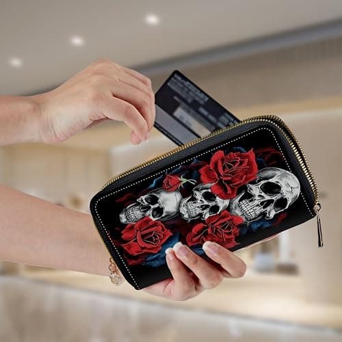 Mxfdegf Wristlet Wallet for Women Teen Girls RFID Blocking Credit Card Holder with Removable Wristlet, Leather Phone Wallet Clutch Large Capacity Ladies Travel Purse-Floral Flower Rose Skull thumbnail 7
