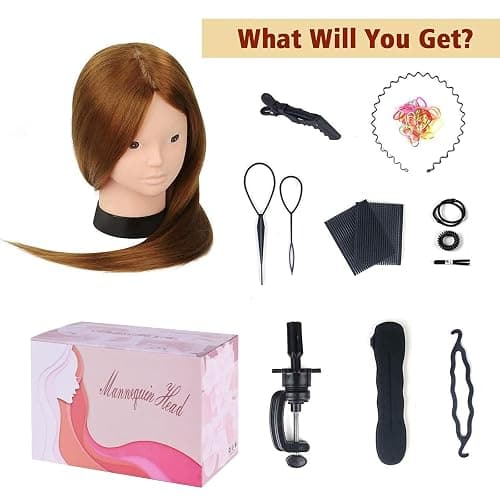 Beauty Star Mannequin Head with 80% Real Human Hair, Manikin Doll Head for Hair Styling, Cosmetology Makeup Hairdressing Training Practice Head with Clamp Stand and DIY Hair Styling Braiding Set thumbnail 9