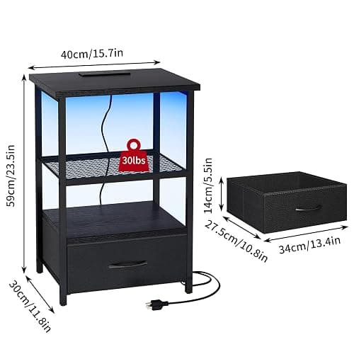 Fixwal Night Stand with Charging Station, LED Nightstand Side Table with Fabric Drawers PU Finish, End Tables Bedroom, Bedside Table, Black thumbnail 3