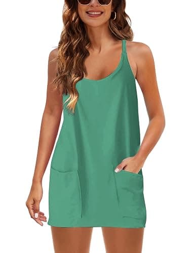 Lentta Womens Athletic Sleeveless Mini Dress with Built-in Shorts V Neck Spaghetti Strap Sundress thumbnail 3