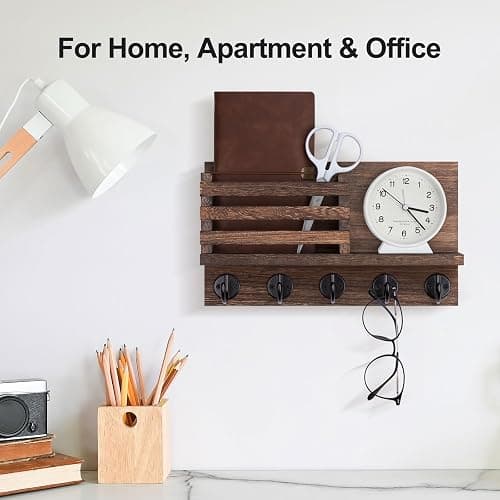 Lwenki Key Holder for Wall – Decorative Wooden Mail Holder and Key Shelf with Mounting Hardware, Installation Guide – Paulownia Wood with 5 Metal Key Hooks (11.8” x 6.7” x 2.8”) thumbnail 5
