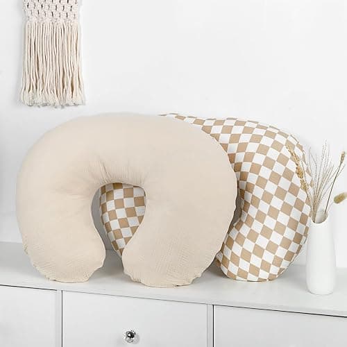 DILIMI Muslin Nursing Pillow Cover 2 Pack, Removable Nursing Cover for Breastfeeding Pillows, Ultra Soft Comfortable Slipcover for Baby Girl and Boy, Beige and Brown Checkered - Beige & Brown Checkered thumbnail 8