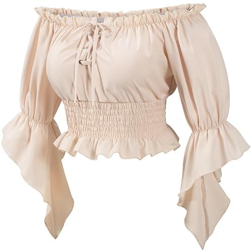 Womens Renaissance Victorian Peasant Shirt Pirate Blouse Cosplay Costume Bell Sleeve Tops(BG M) Beige - Image 1