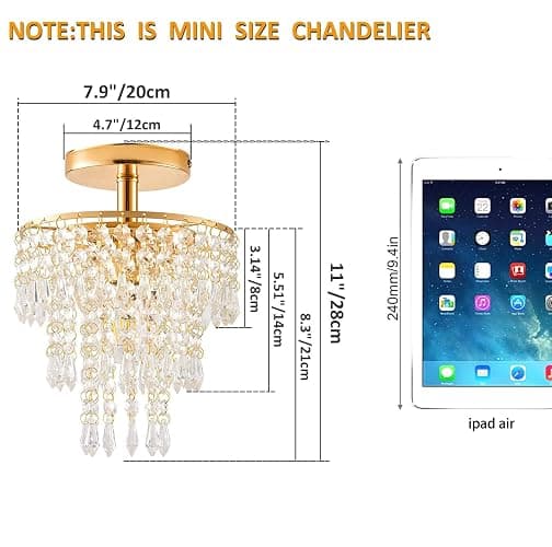 Modern Mini Crystal Chandelier, 3-Tier Raindrops Design Small Chandelier Light Fixture, Flush Mount Ceiling Light Fixture for Bedroom, Hallway, Living Room - E26 Base, Chandelier for Bedroom (Gold) thumbnail 2